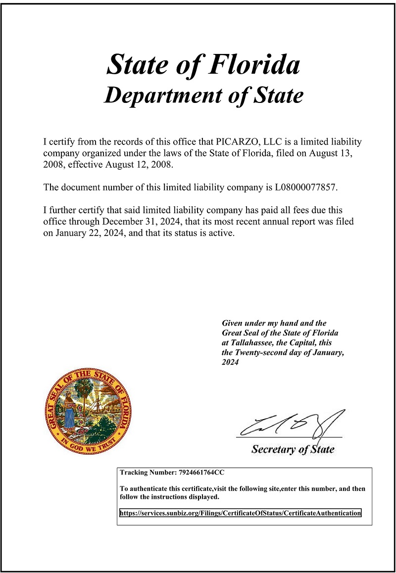 Picarzo Piano State of Florida Certification